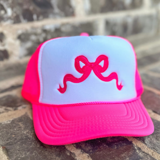 neon pink bow trucker hat