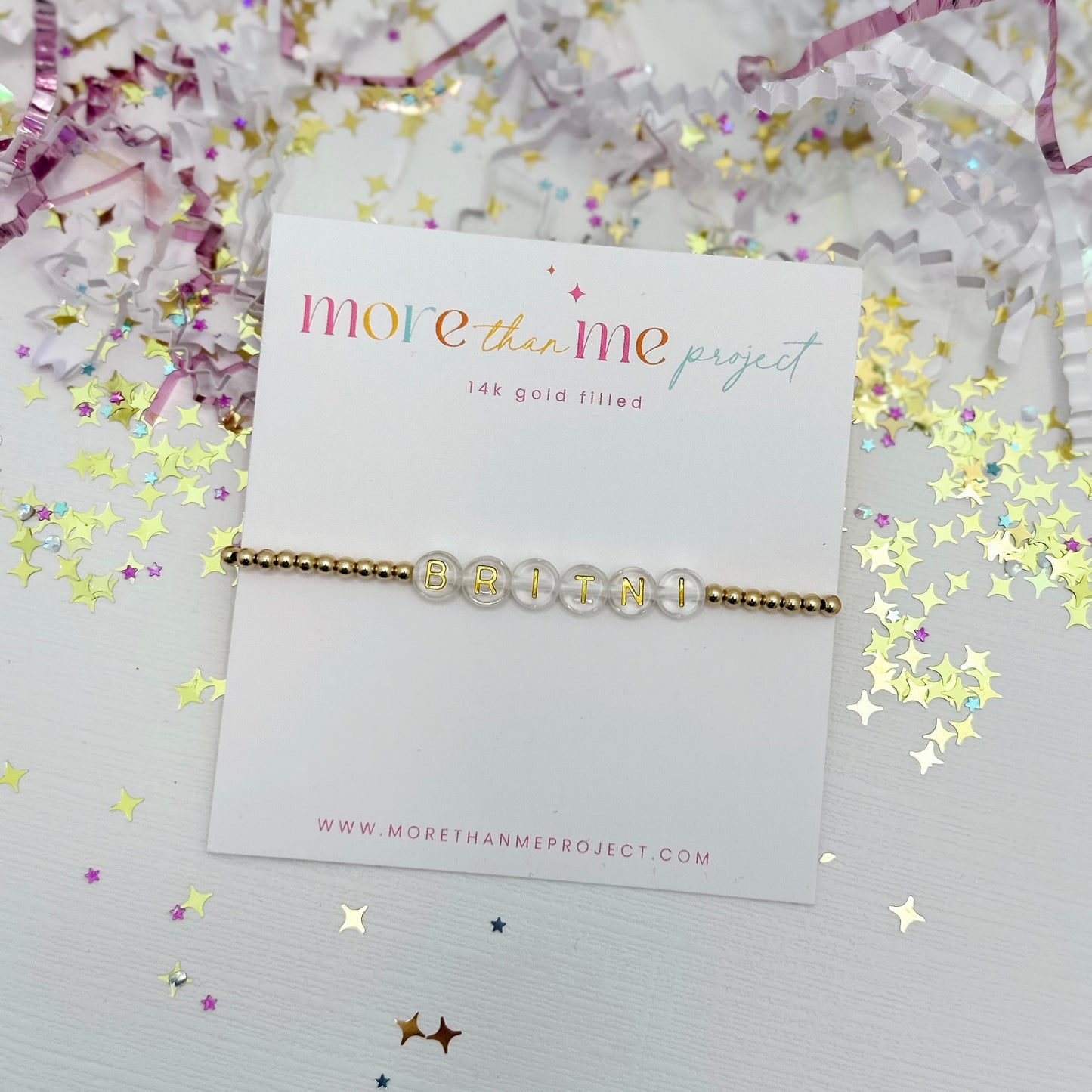 custom name bracelet- clear and gold