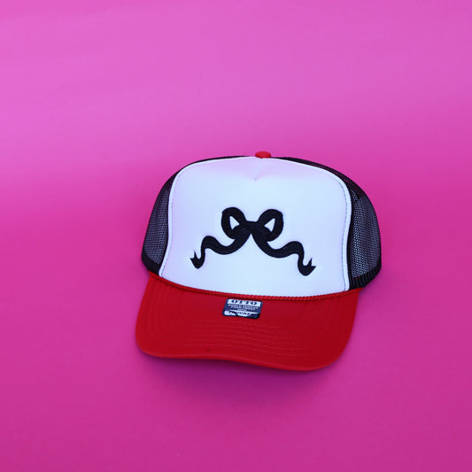 red & black bow trucker hat